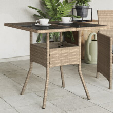 Berkfield Garden Table with Glass Top Beige 80x80x75 cm Poly Rattan