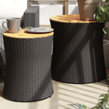 Berkfield Garden Side Tables 2 pcs with Wooden Top Black Poly Rattan