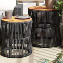Berkfield Garden Side Tables 2 pcs with Wooden Top Black Poly Rattan