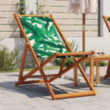 Berkfield Folding Beach Chair Leaf Pattern Solid Wood Eucalyptus and Fabric