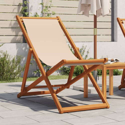 Berkfield Folding Beach Chair Beige Solid Wood Eucalyptus and Fabric