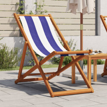 Berkfield Folding Beach Chair Blue and White Solid Wood Eucalyptus and Fabric