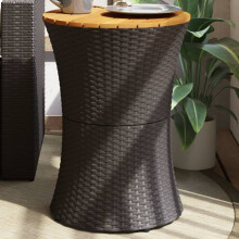 Berkfield Garden Side Table Drum Shape Black Poly Rattan and Solid Wood