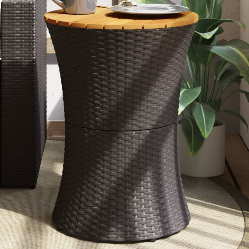 Berkfield Garden Side Table Drum Shape Black Poly Rattan and Solid Wood