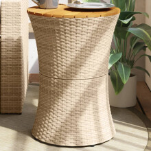 Berkfield Garden Side Table Drum Shape Beige Poly Rattan and Solid Wood
