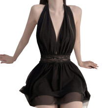 Camicia da notte sexy da donna, babydoll in pizzo con scollo a V e allacciatura al collo in rete trasparente, design senza schienale, traspirante,
