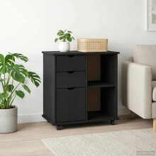 Berkfield Rolling Cabinet Black 63.5 x 39 x 65.5 cm Solid Pine Wood