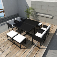 Berkfield 9 Piece Outdoor Dining Set with Cushions Poly Rattan Black