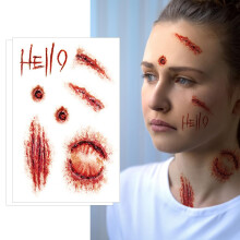 Big Size Halloween Temporary Tattoo Sticker with Realistic Bloody Wound and Stitch Scar Waterproof Design