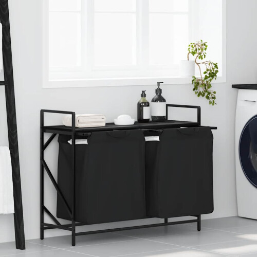 Berkfield Laundry Basket 2 Compartments with Shelf Black Oak