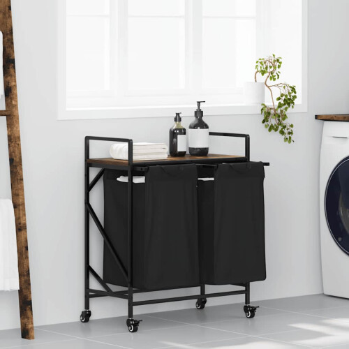 Berkfield Laundry Basket 2 Compartments with Wheels Smoked Oak