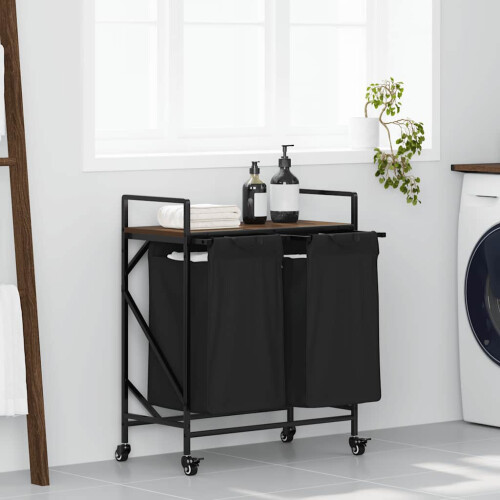 Berkfield Laundry Basket 2 Compartments with Wheels Brown Oak