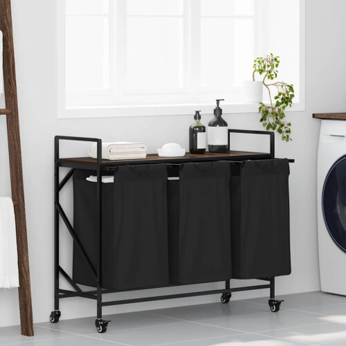 Berkfield Laundry Basket 3 Compartments with Wheels Brown Oak