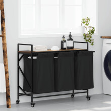 Berkfield Laundry Basket 3 Compartments with Wheels Smoked Oak