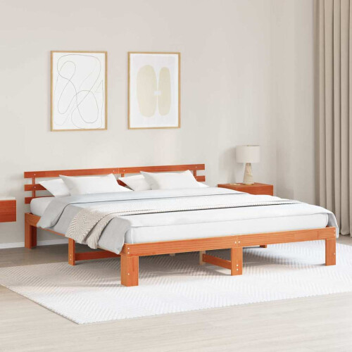 Berkfield Bed Frame with Headboard Wax Brown 200 x 200 cm Solid Pine Wood