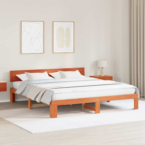 Berkfield Bed Frame with Headboard Wax Brown 200 x 200 cm Solid Pine Wood