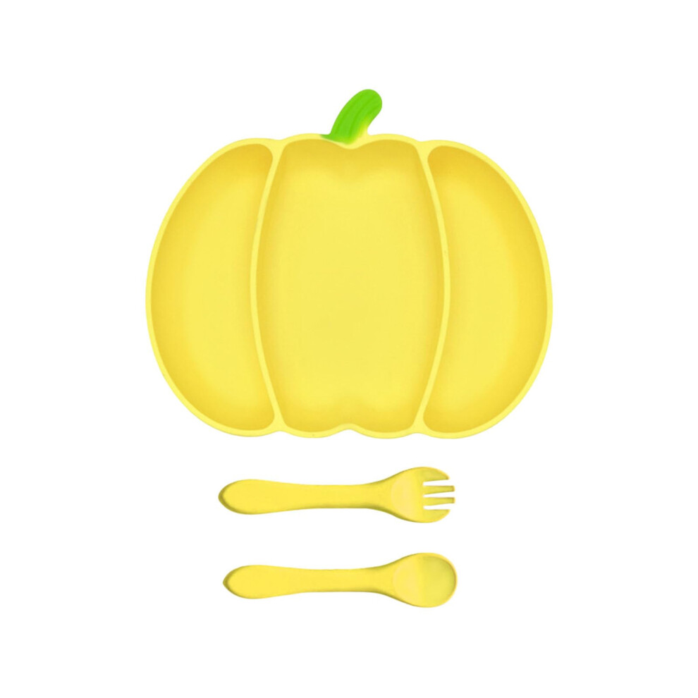 Silicone Baby Dinner Plate Pumpkin Shape with Toddler Spoon and Fork Set Yellow Suction Feeding Set