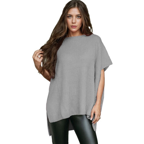 Women'S Loose Dropped Shoulder Short Sleeve Pullover Sweater Light Gray L
