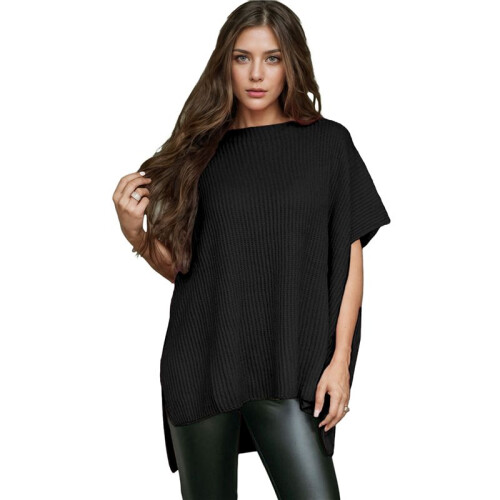 Women'S Loose Dropped Shoulder Short Sleeve Pullover Sweater Black M