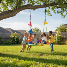 Ronde kindernestschommel met kleurrijke vlaggetjes