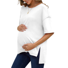 Solid Color Cotton Round Neck Loose T-Shirt with Slits  Both Sides White M