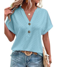 Top Henley de Manga Corta con Cuello en V para Mujer, Azul Cielo, XL
