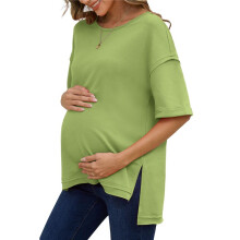 Solid Color Cotton Round Neck Loose T-Shirt with Slits  Both Sides Green M