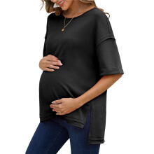 Solid Color Cotton Round Neck Loose T-Shirt with Slits  Both Sides Black XXXL