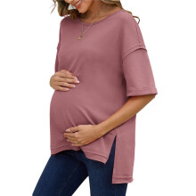 Solid Color Cotton Round Neck Loose T-Shirt with Slits  Both Sides  L