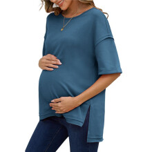 Solid Color Cotton Round Neck Loose T-Shirt with Slits  Both Sides  L