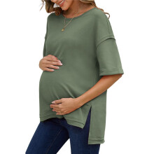 Solid Color Cotton Round Neck Loose T-Shirt with Slits  Both Sides Dark Green XXXL