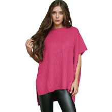 Pull Ample à Manches Courtes et Épaules Tombantes pour Femme, Rose Rouge, Taille L