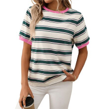 T-Shirts à Manches Courtes à Rayures Color Block Rose + Vert L