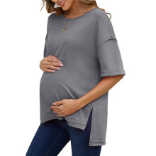 Solid Color Cotton Round Neck Loose T-Shirt with Slits  Both Sides Gray S