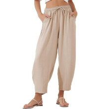 Loose Casual Straight Cotton and Linen Cropped Pants Apricot L