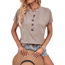 Tops Henley de Manga Corta para Mujer, Cuello en V, Elegantes, Informales, Holgados, Color Caqui, Tallas S