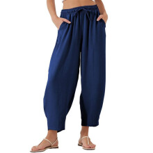 Loose Casual Straight Cotton and Linen Cropped Pants Dark XXL