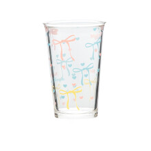 Cute Glass Cup with Pink Bow Stripes, Milk Tea Glass Mug for Coffee Juice Dessert Drinkware