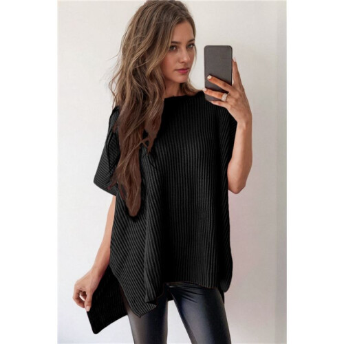Women'S Loose Dropped Shoulder Short Sleeve Pullover Sweater Black M 1