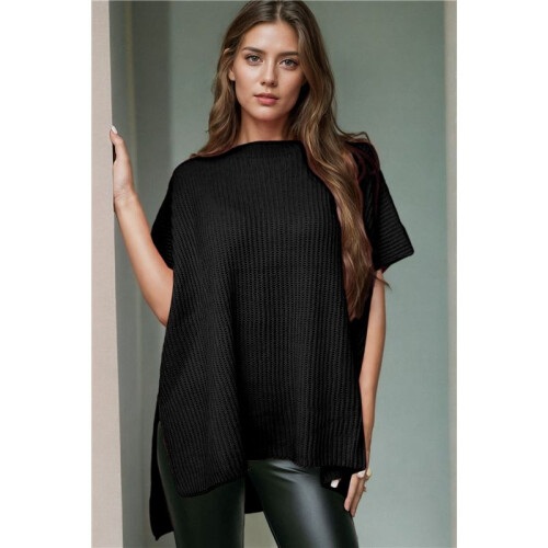 Women'S Loose Dropped Shoulder Short Sleeve Pullover Sweater Black M 2