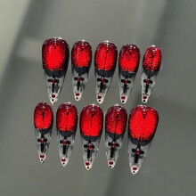 Handmade Gothic Press On Nails Red and Black French Tip Set with Cross Design, Reusable 3D Finish