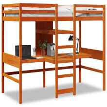 Berkfield Loft Bed Frame with Desk and Shelves Wax Brown 90x200cm Solid Wood Pine