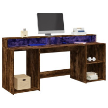 Berkfield Desk with LED Lights Smoked Oak 200x55x91 cm Engineered Wood