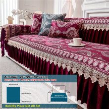 (Red, 3-Seater 71.12cm×180.34cm) 1pc Neuschwanstein Golden Velvet Lace Edged Sofa Cushion Jacquard Design Middle East