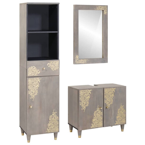 Berkfield Bathroom Cabinet Set with Drawer 3 pcs Grey Solid Mango Wood
