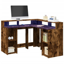 Berkfield Desk with LED Lights Smoked Oak 130x130x91 cm Engineered Wood