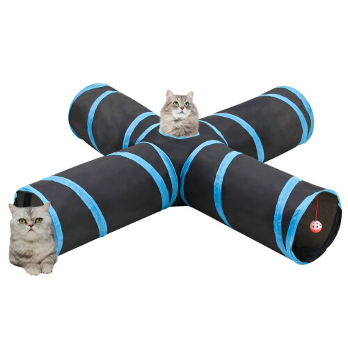 Berkfield Cat Tunnel 4-way Black and Blue 132 cm Polyester 1