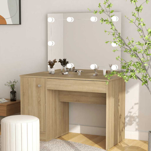Berkfield Makeup Table with LED Lights 110x55x145 cm MDF Oak