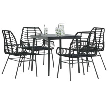 Berkfield 5 Piece Garden Dining Set Black Poly Rattan Glass