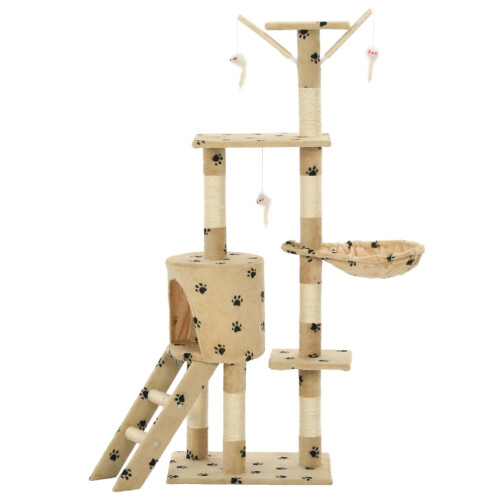 Berkfield Cat Tree with Sisal Scratching Posts 138 cm Beige Paw Prints 2